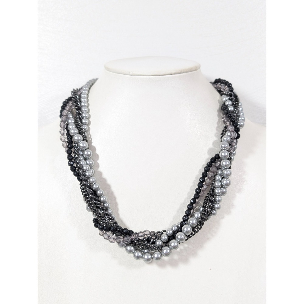 Premier Designs Main Event Necklace Gray Black‎ Bead Multi Strand Faux Pearl 23"